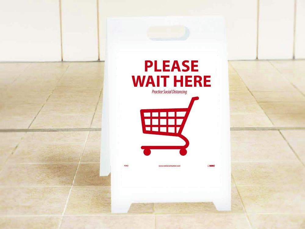 AccuformNMC FS42 Wait Here, Social Distancing, Dbl-Sided Floor Sign, 19" x 12"