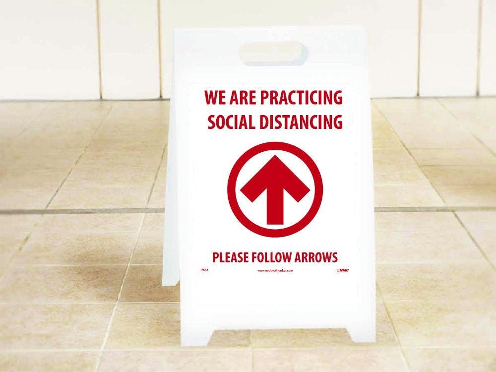AccuformNMC FS44 Social Dist., Footprt/Arrow, Red Dbl-Sided Floor Sign, 19" x 12"