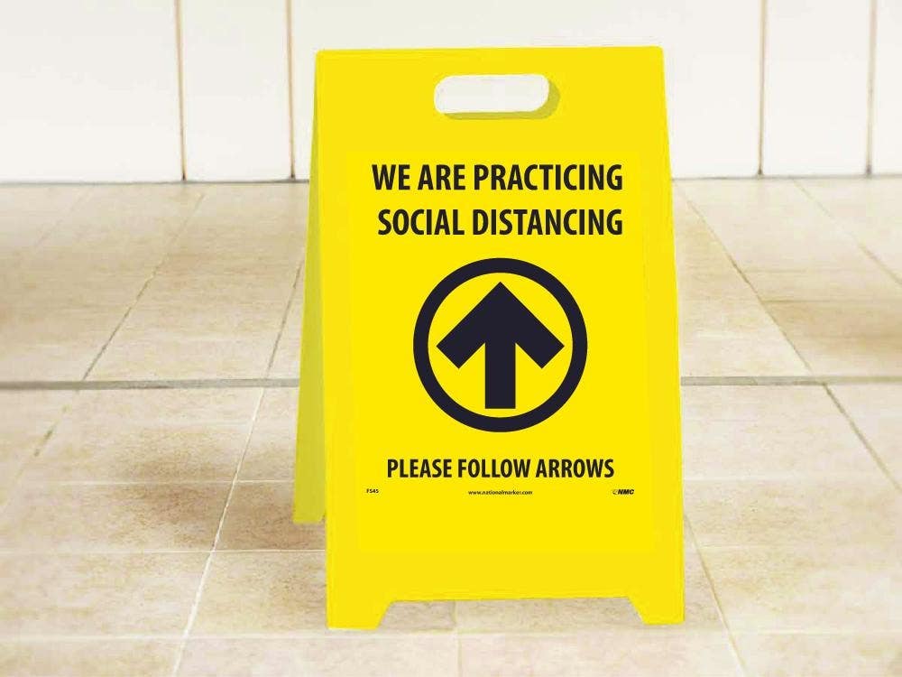 AccuformNMC FS45 Social Dist., Footprt/Arrow, Yellow Dbl-Sided Floor Sign, 19" x 12"