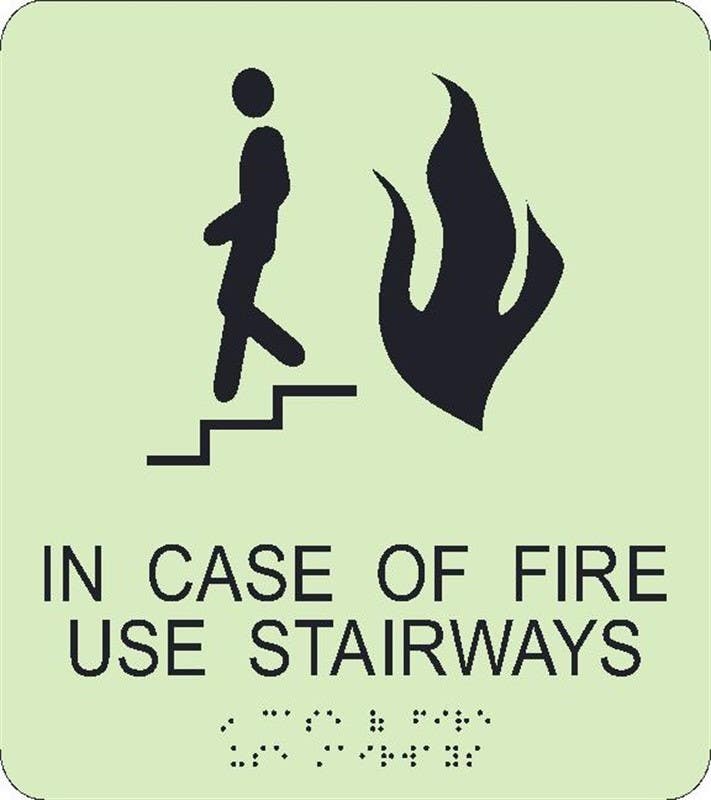AccuformNMC GADA111BK Glow, In Case Of Fire Use Stairways Braille Sign, 9" x 8"