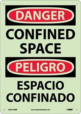 AccuformNMC GESD100PB Danger, Confined Space Sign, Bilingual, 6 Hour Glow Polyester, 14" x 10"