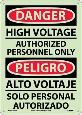 AccuformNMC SBMLEL125 Bilingual Lumi-Glow OSHA Danger Safety Sign, High Voltage..., 14" x 10"