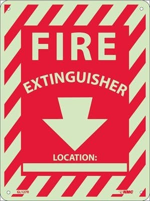 AccuformNMC GL127R Fire Extinguisher Location: ____ Sign, 6 Hour Glow Plastic, 12" x 9"