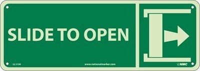 AccuformNMC GL319P Slide To Open Sign w/ Right Arrow, 6 Hour Glow Polyester, 5" x 14"