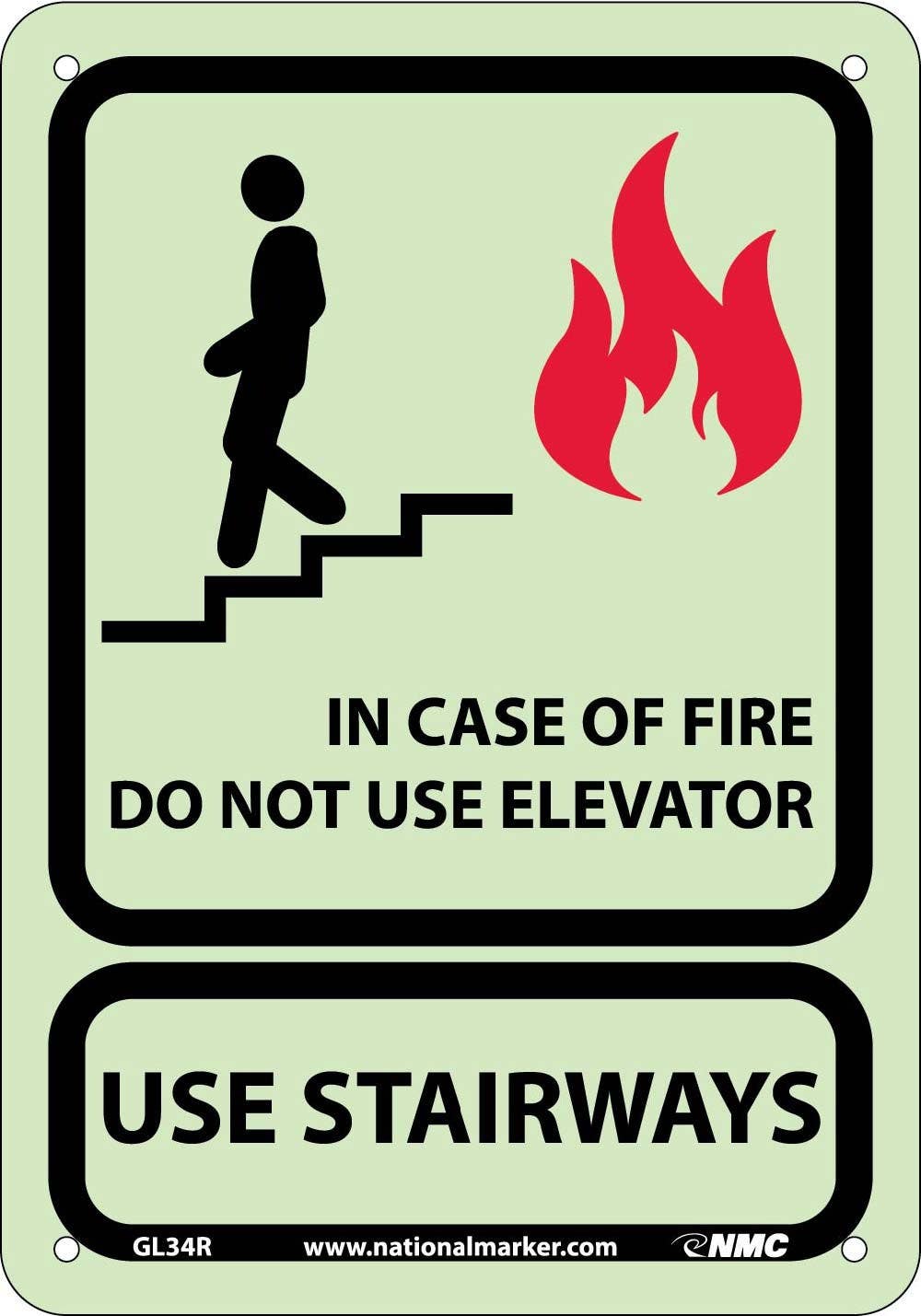 AccuformNMC GL34 In Case Of Fire Do Not Use Elevators Use Stairways Glow Sign