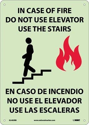 AccuformNMC GL402RB In Case Of Fire Do Not Use Elevator Sign, Bilingual, 6 Hour Glow Plastic, 14" x 10"