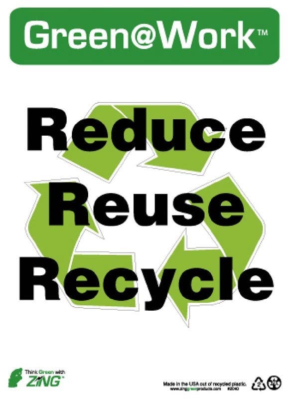 AccuformNMC GW2040 Reduce Reuse Recycle Sign, 14" x 10", Recycle Plastic