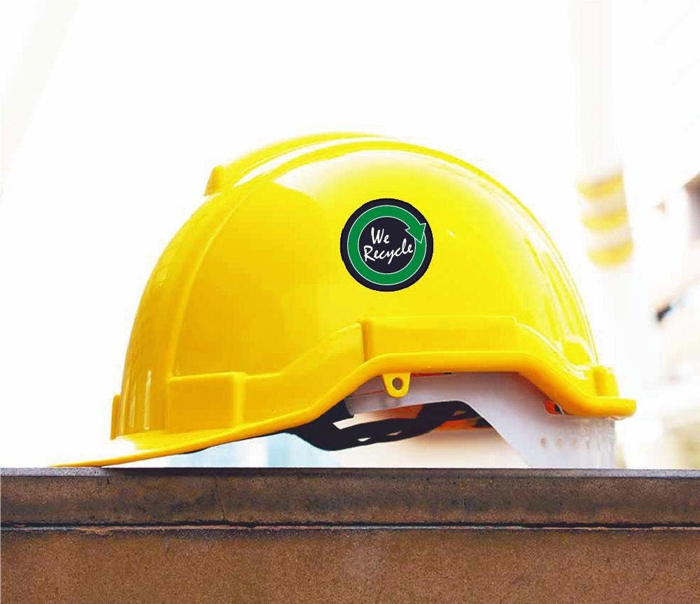 AccuformNMC HH100 We Recycle Hard Hat Emblem, 2" Dia, Adhesive Backed Vinyl, 25/Pk