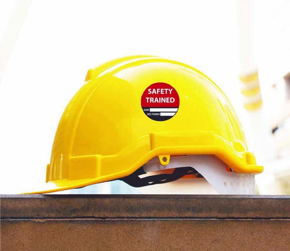 AccuformNMC HH16 Safety Trained Name Date Trained Hard Hat Emblem, 2" Dia, 25/Pk
