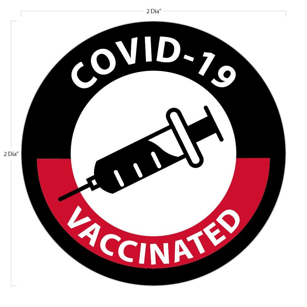 AccuformNMC HH176 Covid-19 Vaccinated, Hard Hat Emblem, 2" Dia, Adhesive Backed Vinyl, 25/Pk