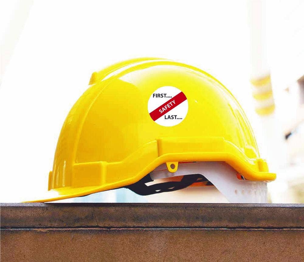 AccuformNMC LHTL163 Hard Hat Stickers: Safety . . . First . . . Last, Adhesive Vinyl, 2-1/4", 10/Pk