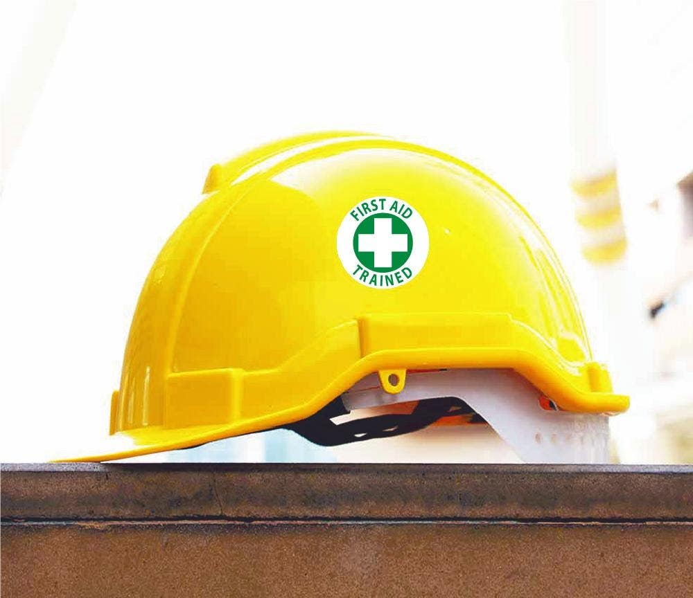 AccuformNMC LHTL312 Hard Hat Stickers, First Aid Trained, Adhesive Backed Vinyl, 2" Dia, 25/Pk