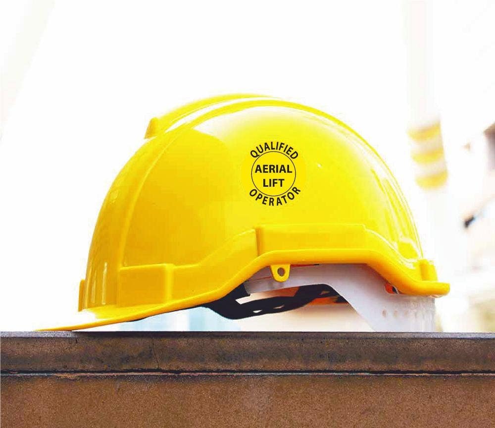 AccuformNMC HH Qualified Aerial Lift Operator Hard Hat Emblem, 2" Dia, 25/Pk