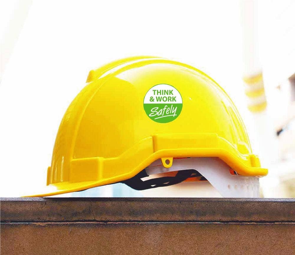 AccuformNMC LHTL306 Hard Hat Stickers, Think And Work Safely, Adhesive Vinyl, 2-1/4", 10/Pk