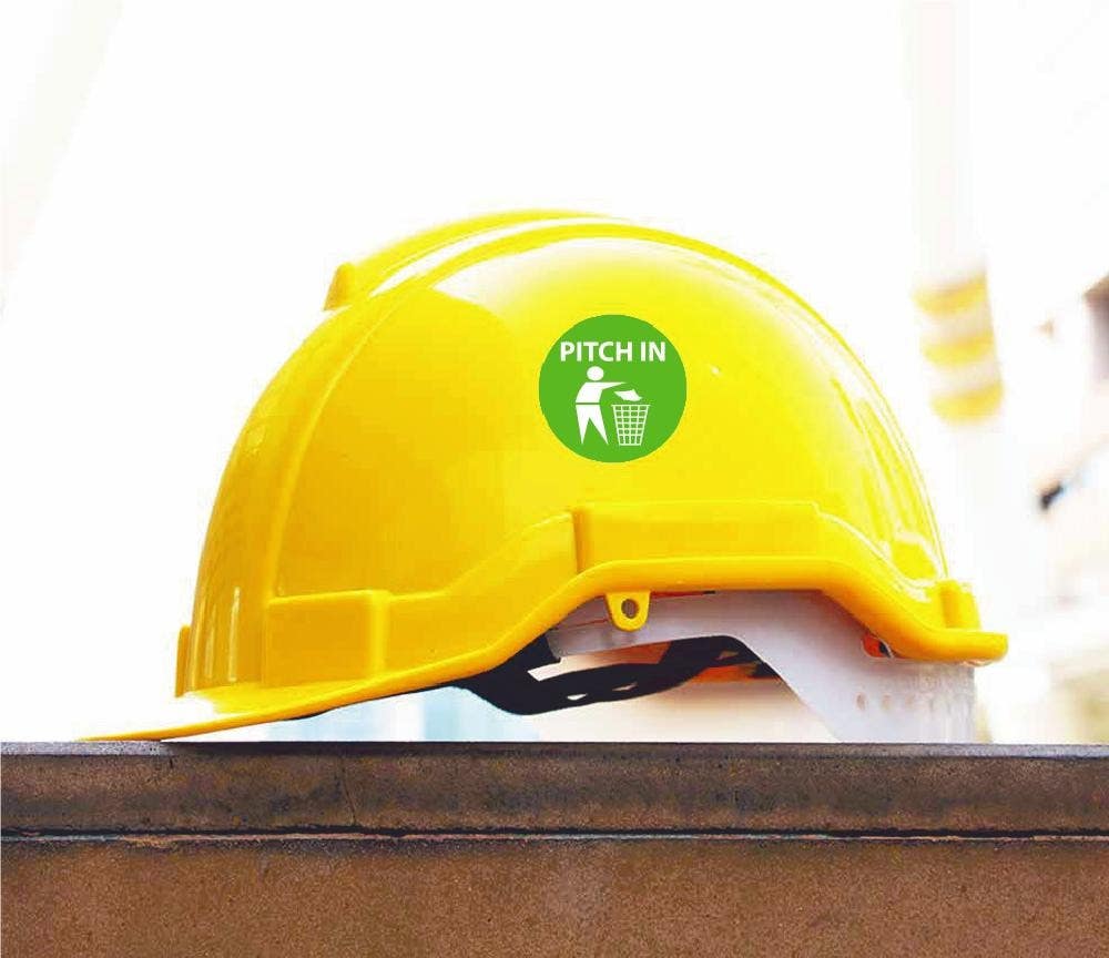 AccuformNMC HH94 Pitch In Hard Hat Emblem, 2" Dia, Adhesive Backed Vinyl, 25/Pk