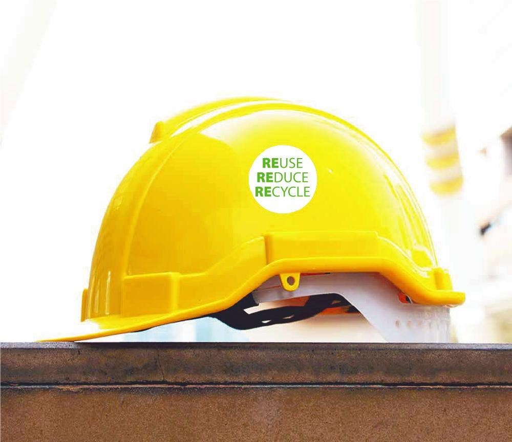 AccuformNMC HH99 Reduce Reuse Recycle Hard Hat Emblem, 2" Dia, Adhesive Backed Vinyl, 25/Pk