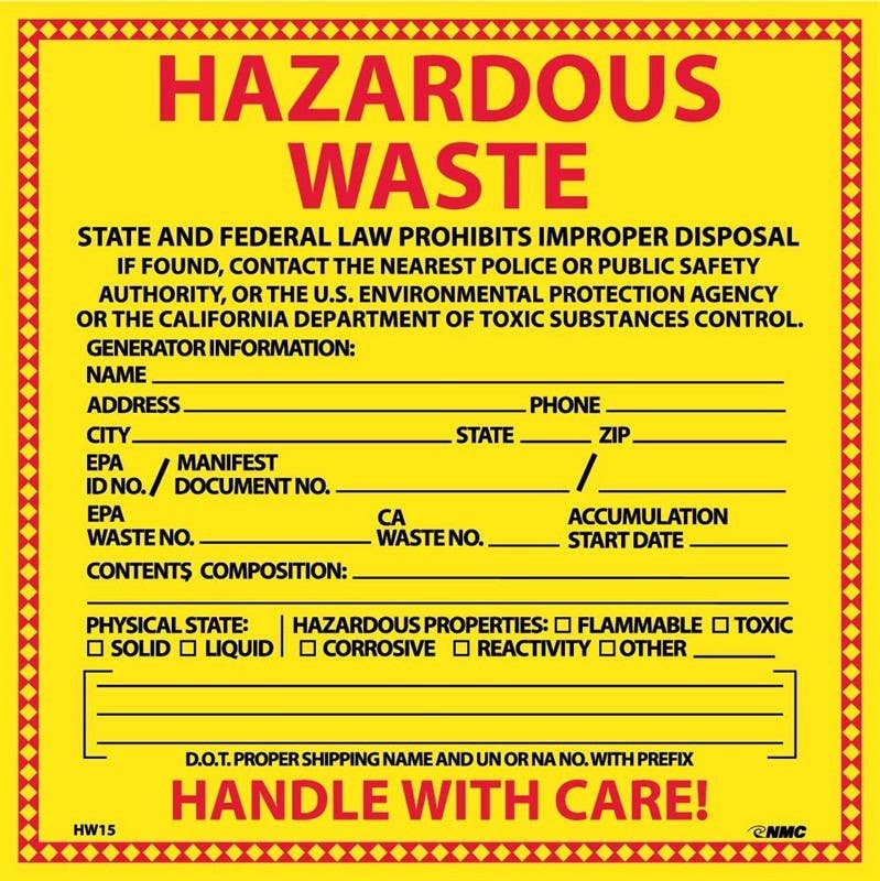 AccuformNMC MHZWCA Hazardous Waste Label, (Chemical Properties), 6" x 6", 25/Pk