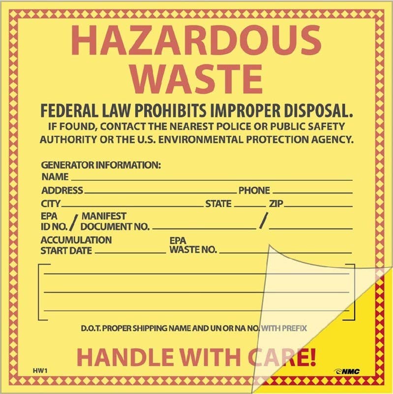 AccuformNMC HW1SL25 Self-Laminating Hazardous Waste Label, 6" x 6", PS Vinyl, 25/Pk