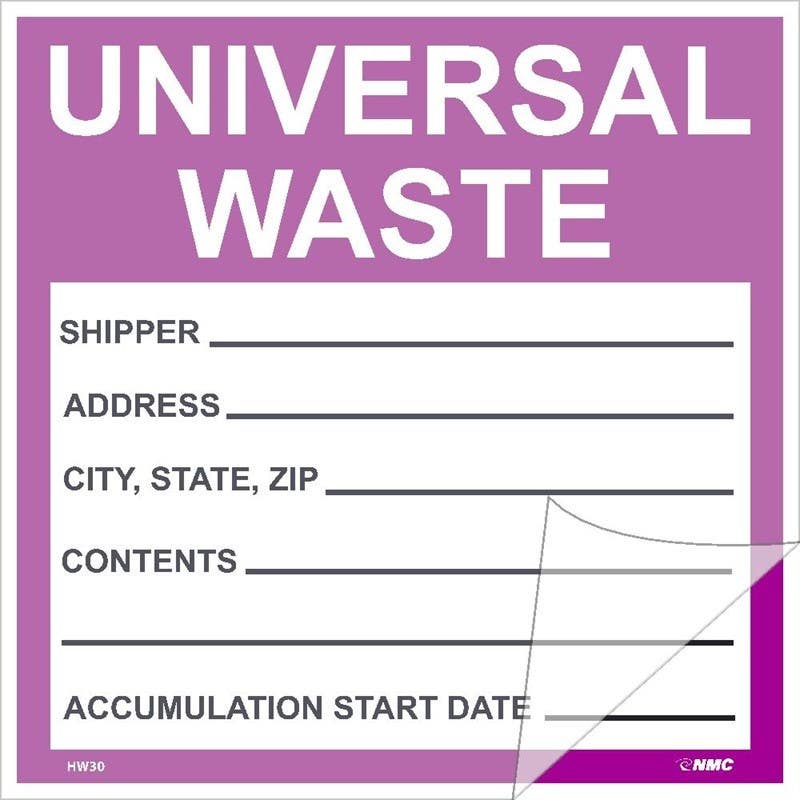 AccuformNMC HW30SL5 Self-Laminating Labels, Universal Waste In Purple, 6" x 6", PS Vinyl, 5/Pk