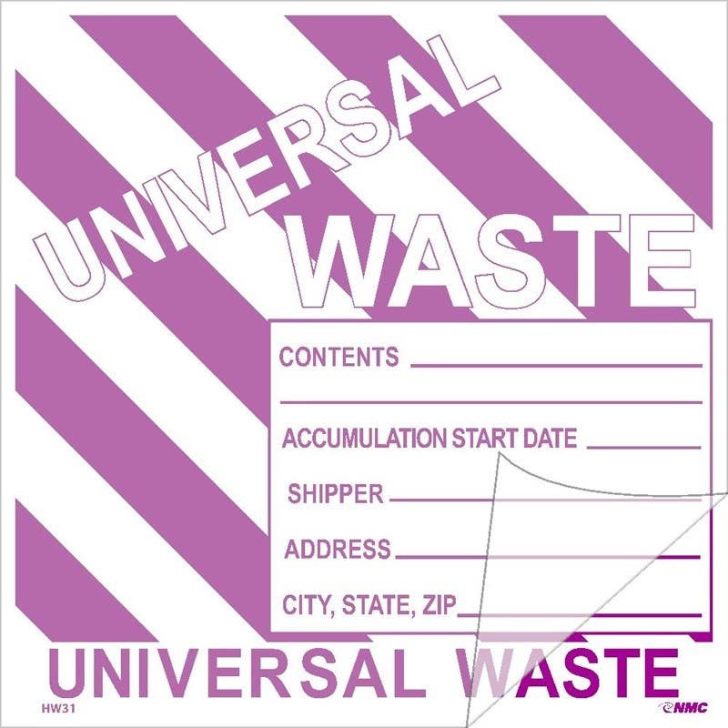AccuformNMC HW31SL5 Self-Laminating Label, Universal Waste w/ Purple Stripes, 6" x 6", PS Vinyl, 5/Pk
