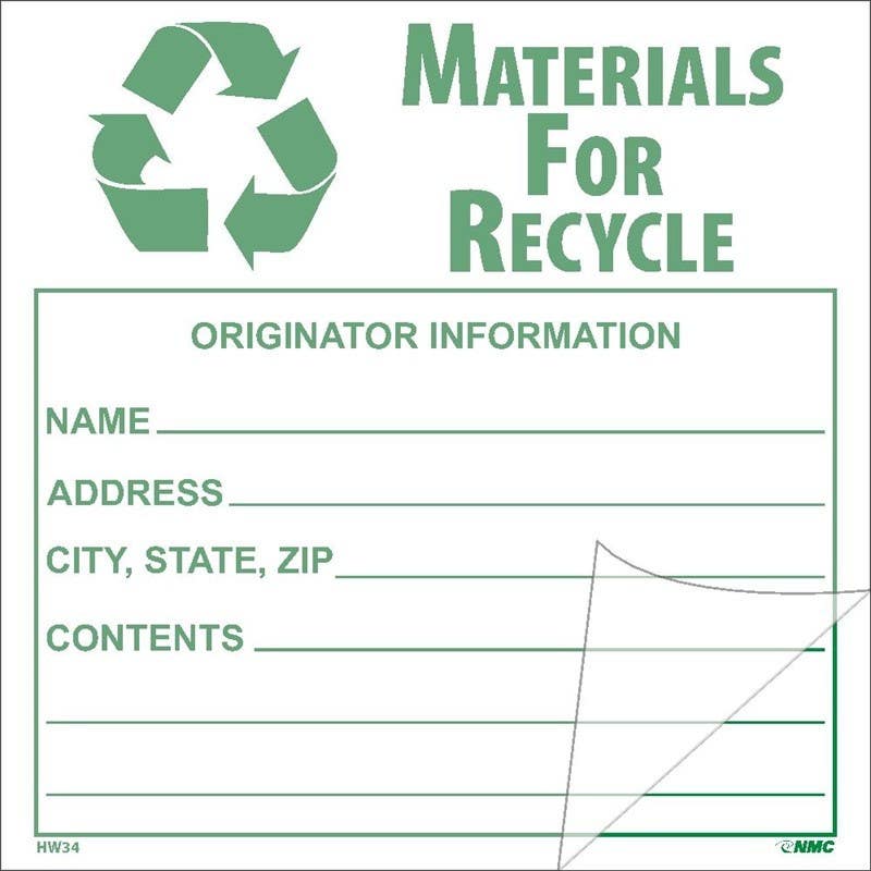 AccuformNMC HW34SL5 Self-Laminating Label, Materials For Recycle, 6" x 6", PS Vinyl, 5/Pk