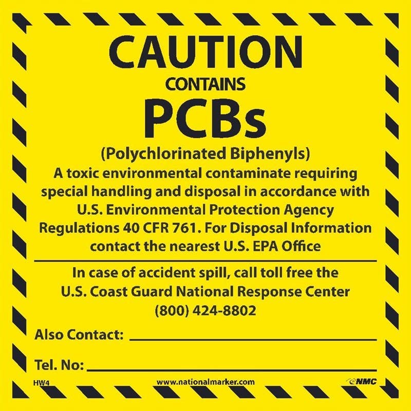 AccuformNMC HW4 Caution Contains PCB's (Polychlorinated Biphenyls) Label, 6" x 6"
