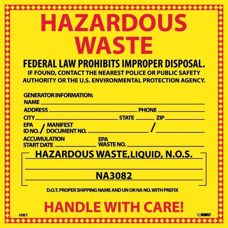 AccuformNMC HW7L Hazardous Waste (For Liquids) Labels, 6" x 6", Adhesive Backed Vinyl, 25/Pk