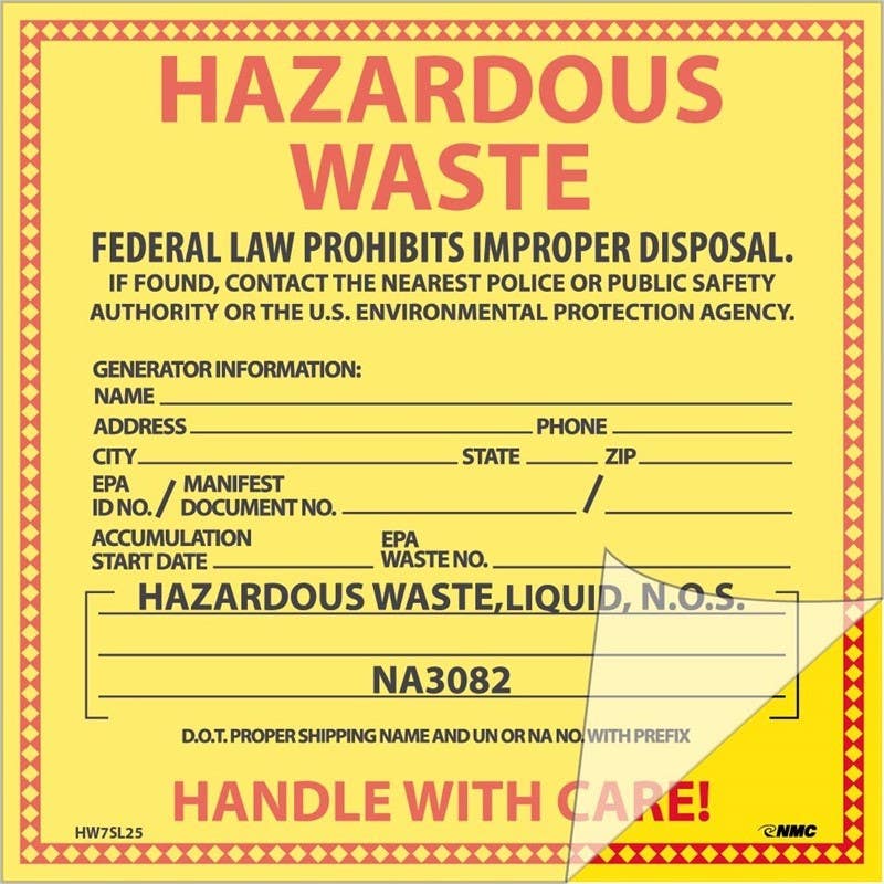 AccuformNMC HW7SL25 Self-Laminating Labels, Hazardous Waste (For Liquids), 6" x 6", Adhesive Backed Vinyl, 25/Pk