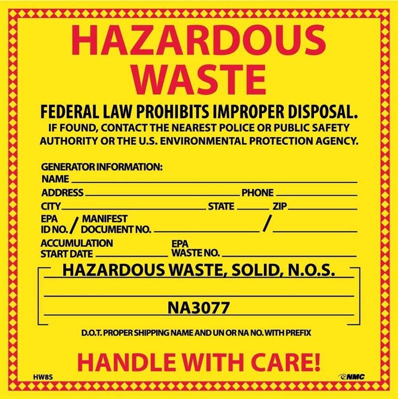 AccuformNMC HW8S Hazardous Waste (For Solids) Labels, 6" x 6", Adhesive Backed Vinyl, 25/Pk