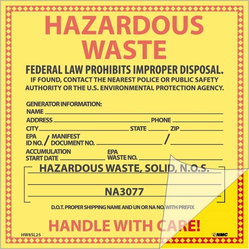 AccuformNMC HW8SL25 Self-Laminating Labels, Hazardous Waste (For Solids), 6" x 6", PS Vinyl, 25/Pk