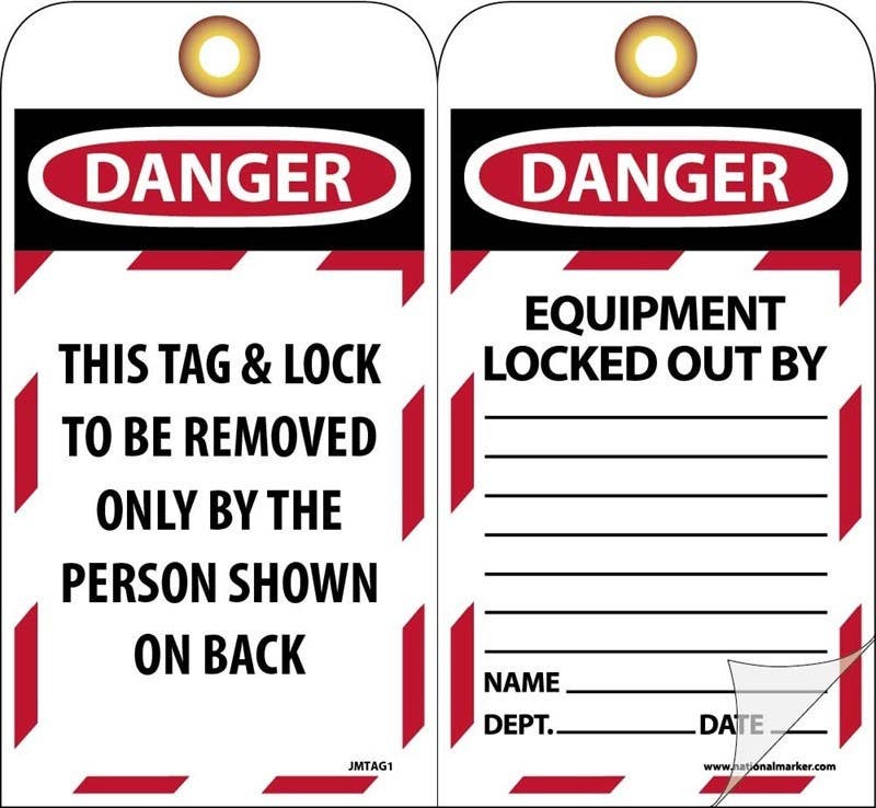AccuformNMC JMTAG1 Danger Equipment Locked Out Tag, Card Stock Self Laminating, 7.38" x 4", 10/Pk