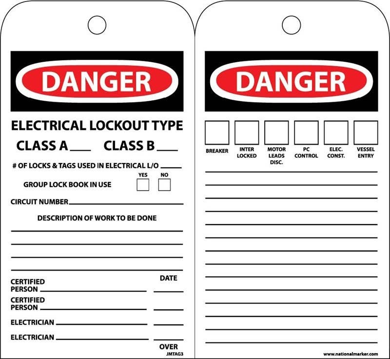 AccuformNMC JMTAG3 Danger Electrical Lockout Type Class A & Class B Tag, Unrippable Vinyl, 7.38" x 4", 10/Pk