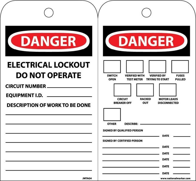 AccuformNMC JMTAG4 Danger Electrical Lockout Do Not Operate Tag, Unrippable Vinyl, 7.38" x 4", 10/Pk