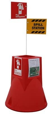 AccuformNMC JSC03 Jobsite Caddy w/ Spill Kit & 6' White Pole & 2 x 10" x 7" Alum. Signs: Exting. & Spill Kit, 29" X 26" Dia, Red
