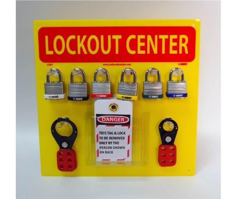 AccuformNMC LOB1Y Lockout Center, Yellow Backboard w/Hooks & Supplies, 14" x 14"