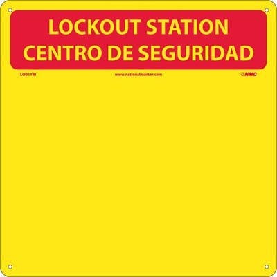AccuformNMC LOBYBI Lockout Center, Bilingual, Red/Yellow, Backboard w/Hooks, 14" x 14"