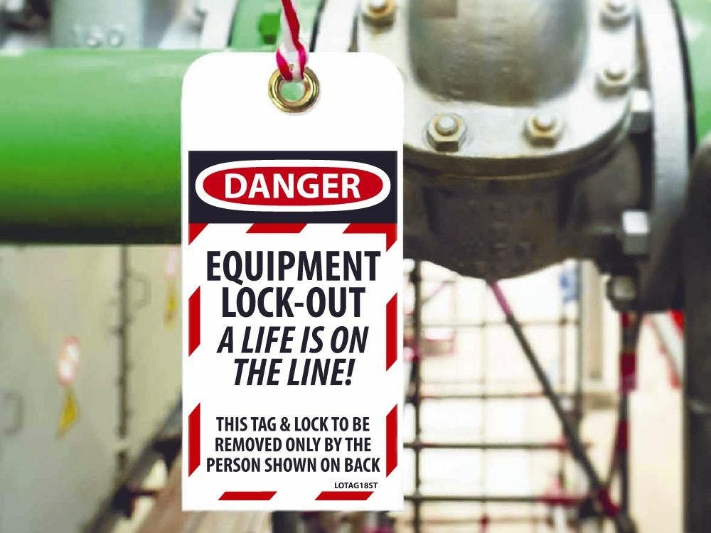 AccuformNMC LOTAG18ST Equipment Lock Out A Life Is On The Line Tag, 6" x 3", Synthetic Paper, 25/Pk (Hole)