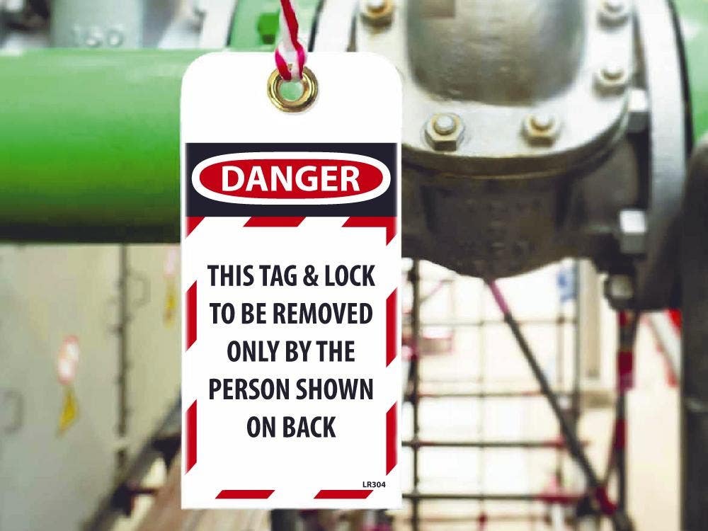 AccuformNMC LR304 Danger, This Tag & Lock To Be Removed...RFID Tag, 6" x 3", Unrippable Vinyl, w/Grommet, 10/Pk