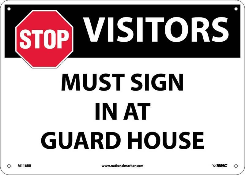 AccuformNMC MADM960 Safety Sign, Stop - Vendors And Visitors - Must Sign In At Guardhouse, 10" x 14"