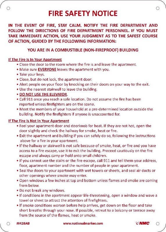 AccuformNMC M428AB NYC Fire Safety Notice Sign, 14" x 10", Standard Aluminum