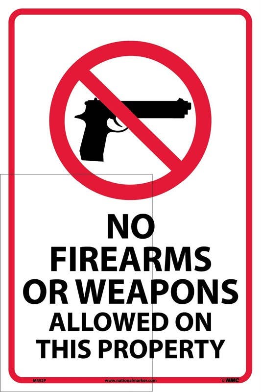 AccuformNMC M452 No Firearms Or Weapons Allowed On This Property Sign, 18" x 12"