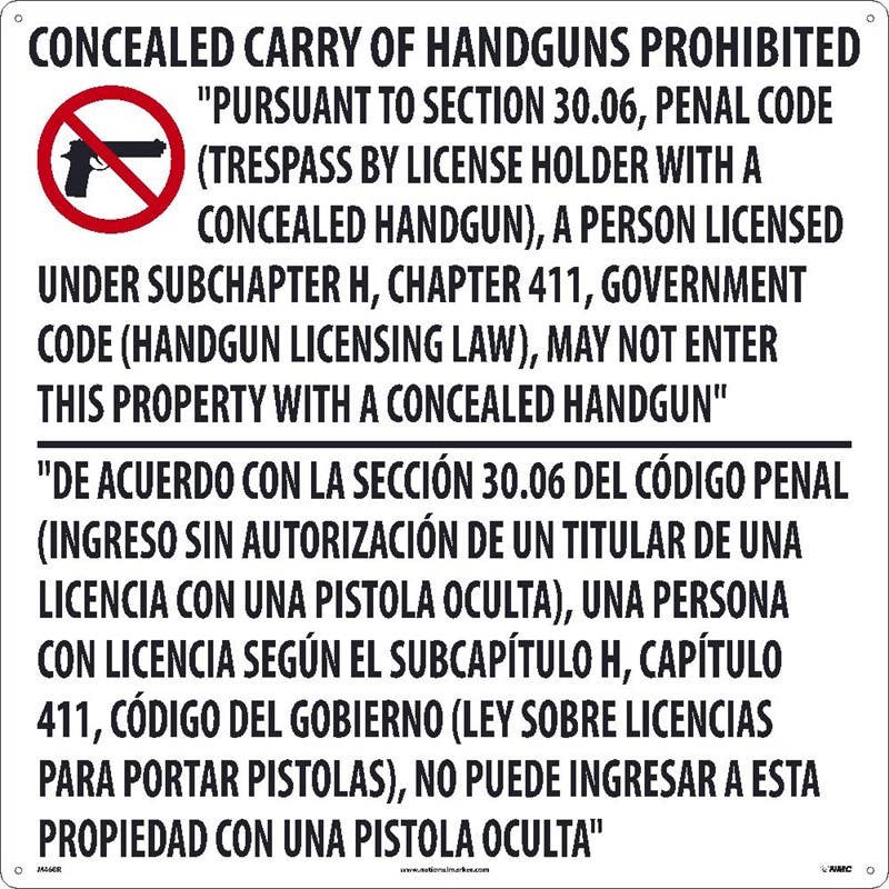 AccuformNMC MACC52 Bilingual Texas 30.06 Regulation Safety Signs, Prohibiting Handguns..., Texas 30.06 Conceal Carry