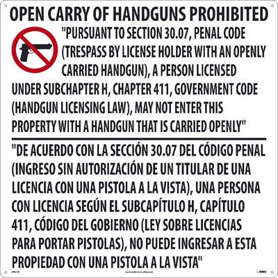 AccuformNMC M461V Texas Open Carry Handgun Law Sign, Adhesive Backed Vinyl, 24" H x 24" W