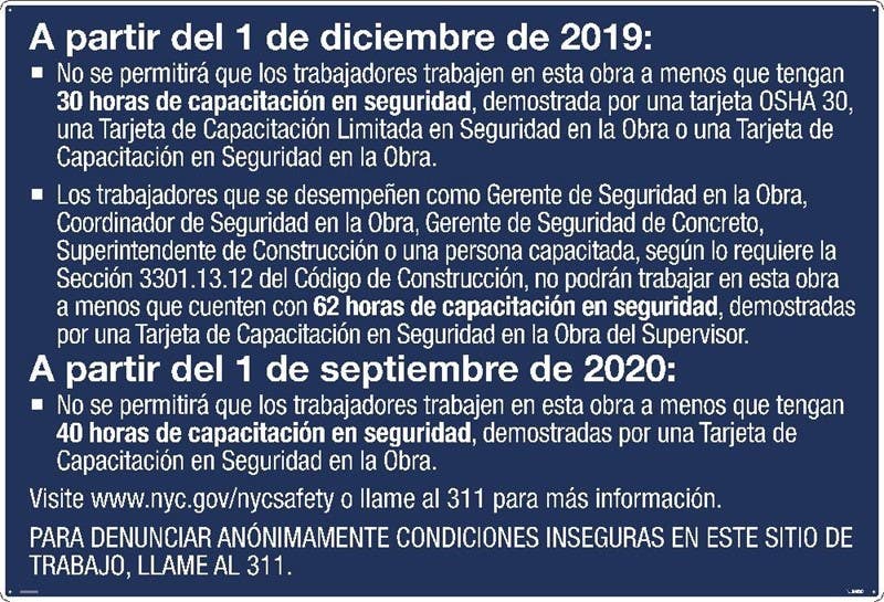 AccuformNMC M514ACP Worker Information Safety Sign, NY 311, Spanish, 30" x 44", Light Weight Aluminum