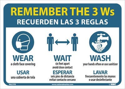 AccuformNMC M627 Remember The 3 W's Sign (Wear, Wait, Wash), 10" x 14", Eng/Esp