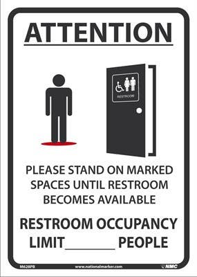 AccuformNMC M628 Attention Please Stand On Marked Spaced Outside Restroom Sign, 14" x 10"