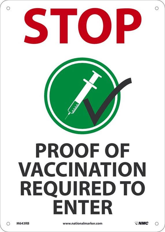 AccuformNMC M643PB Stop, Proof Of Vaccination Required To Enter Sign, Adhesive Backed Vinyl, 14" x 10"