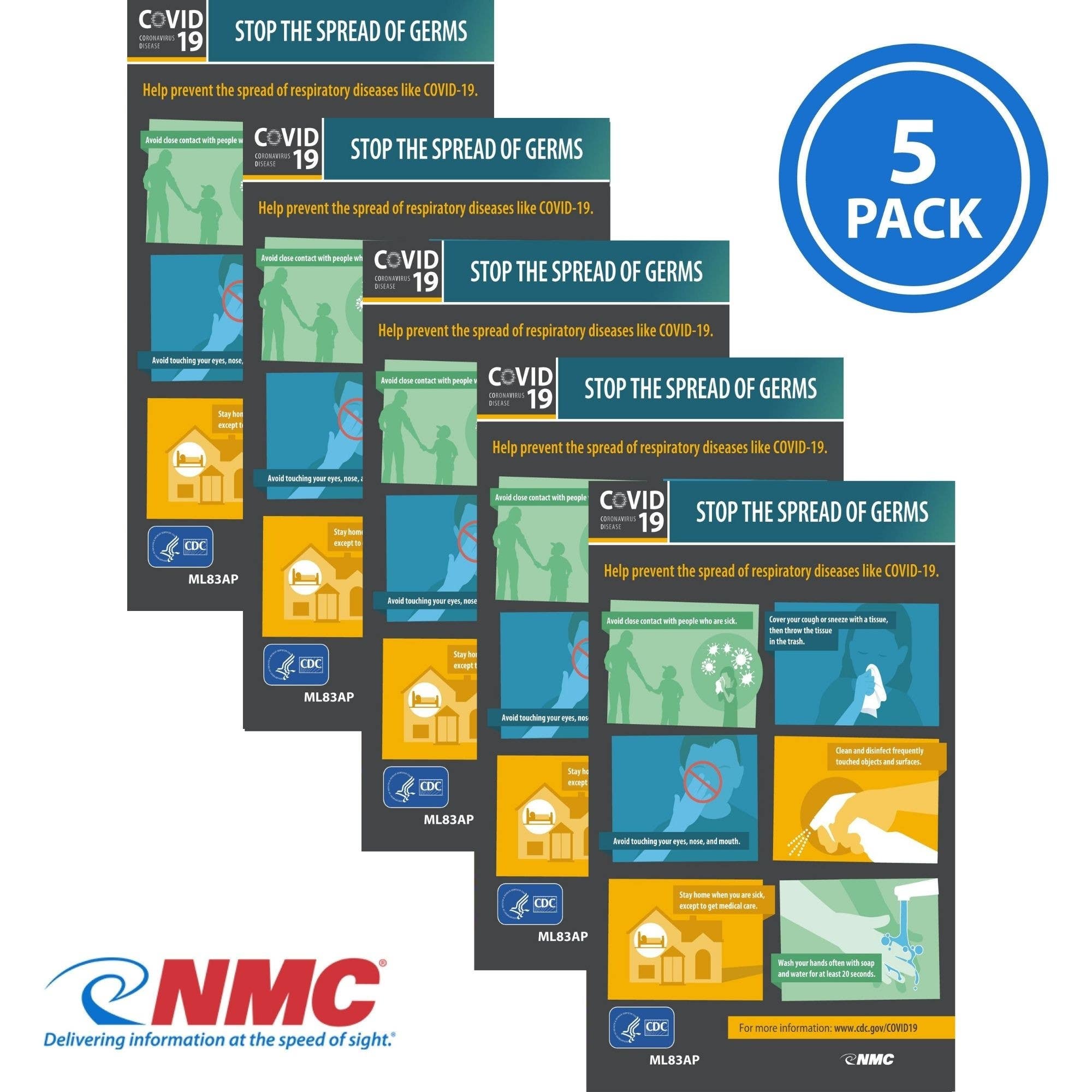 AccuformNMC ML82AP Covid 19, Stop The Spread Of Germs CDC Label, 5" x 3", Adhesive Backed Vinyl, 5/Pk