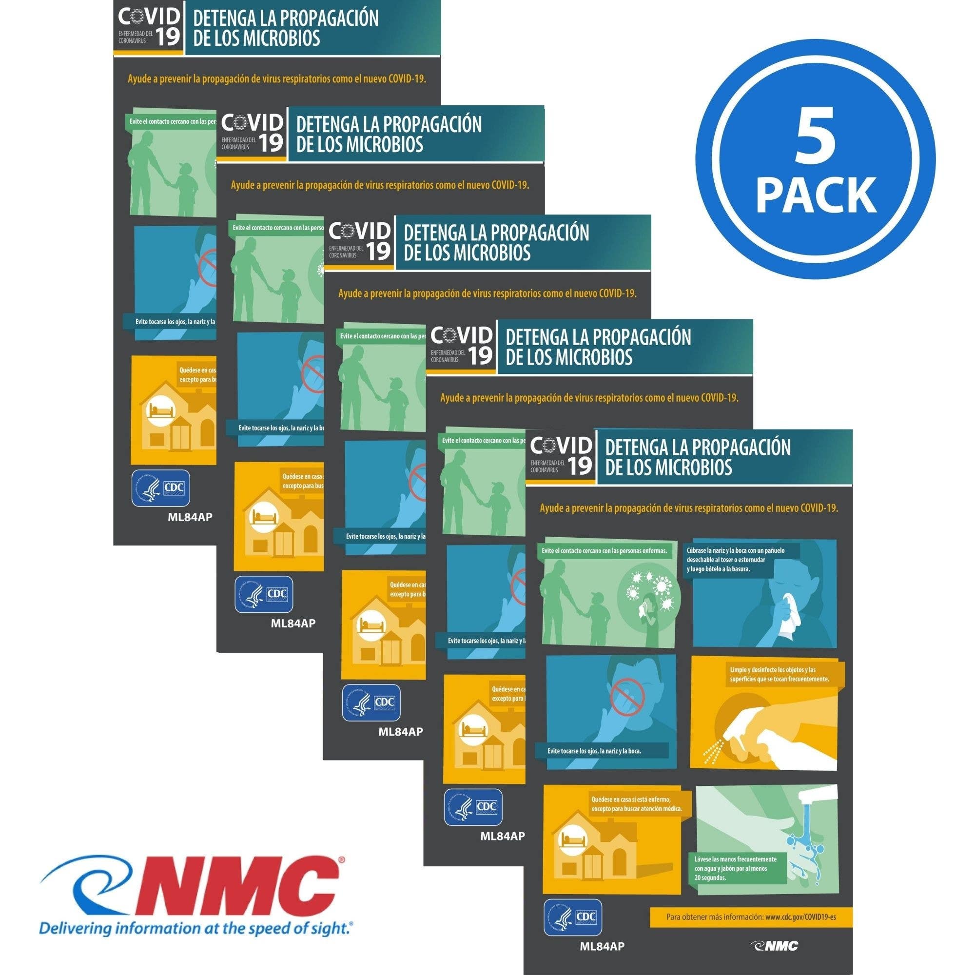 AccuformNMC ML83AP Covid 19, Stop The Spread Of Germs CDC Label (Spanish), 5" x 3", Adhesive Backed Vinyl, 5/Pk