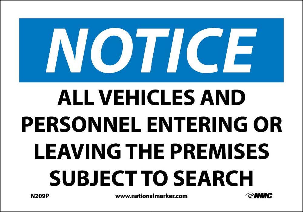 AccuformNMC N209 Notice, Subject To Search Sign, 10" H x 14" W